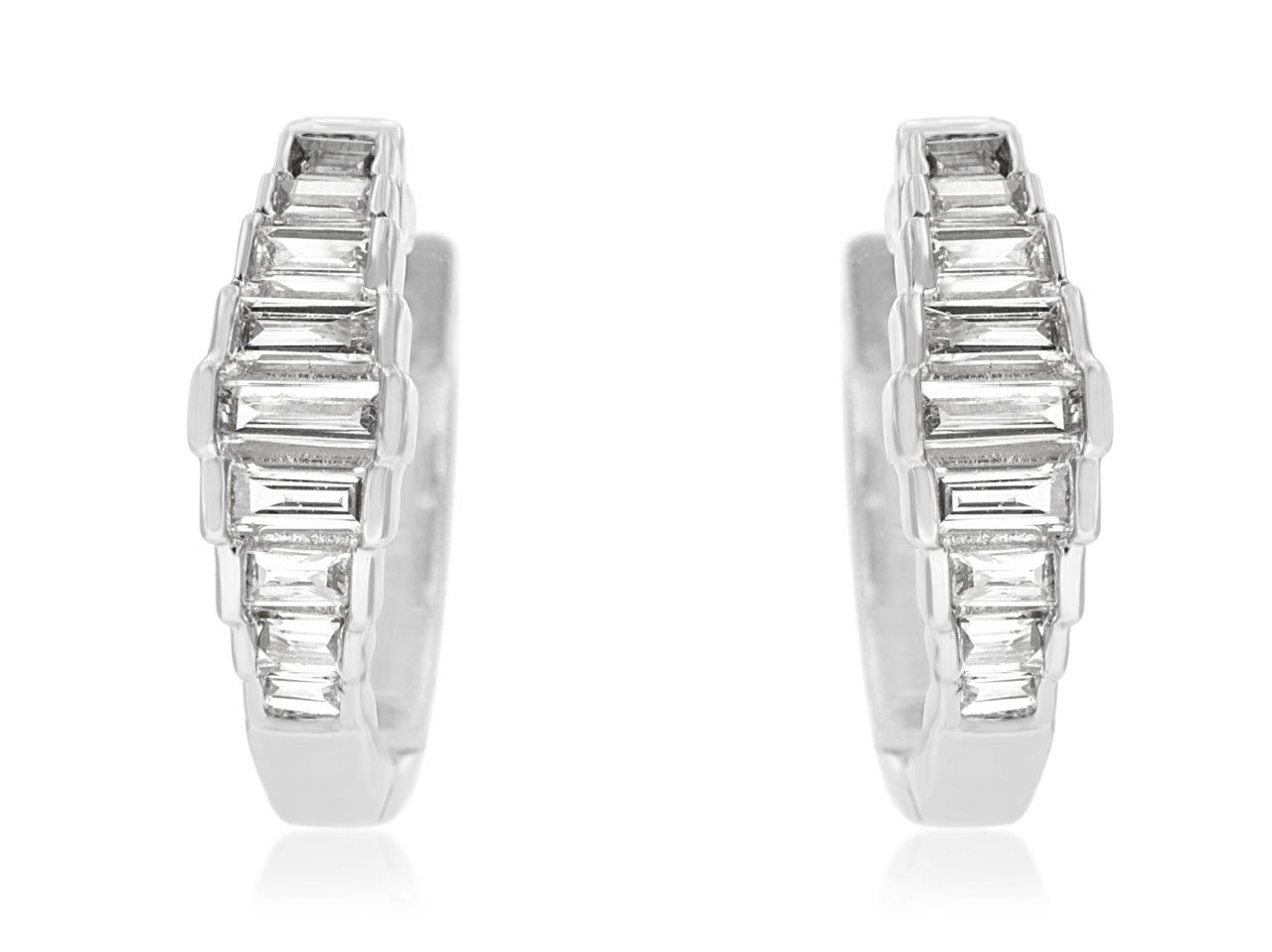 14K WHITE GOLD SMALL HOOP EARRINGS WITH .23CTTW CLARITY & HI COLOR BAGUETTE DIAMONDS