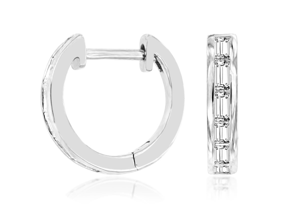 14K WHITE GOLD SMALL (12MM) HOOP EARRINGS WITH .31CTTW I1 CLARITY & HI COLOR BAGUETTE DIAMONDS