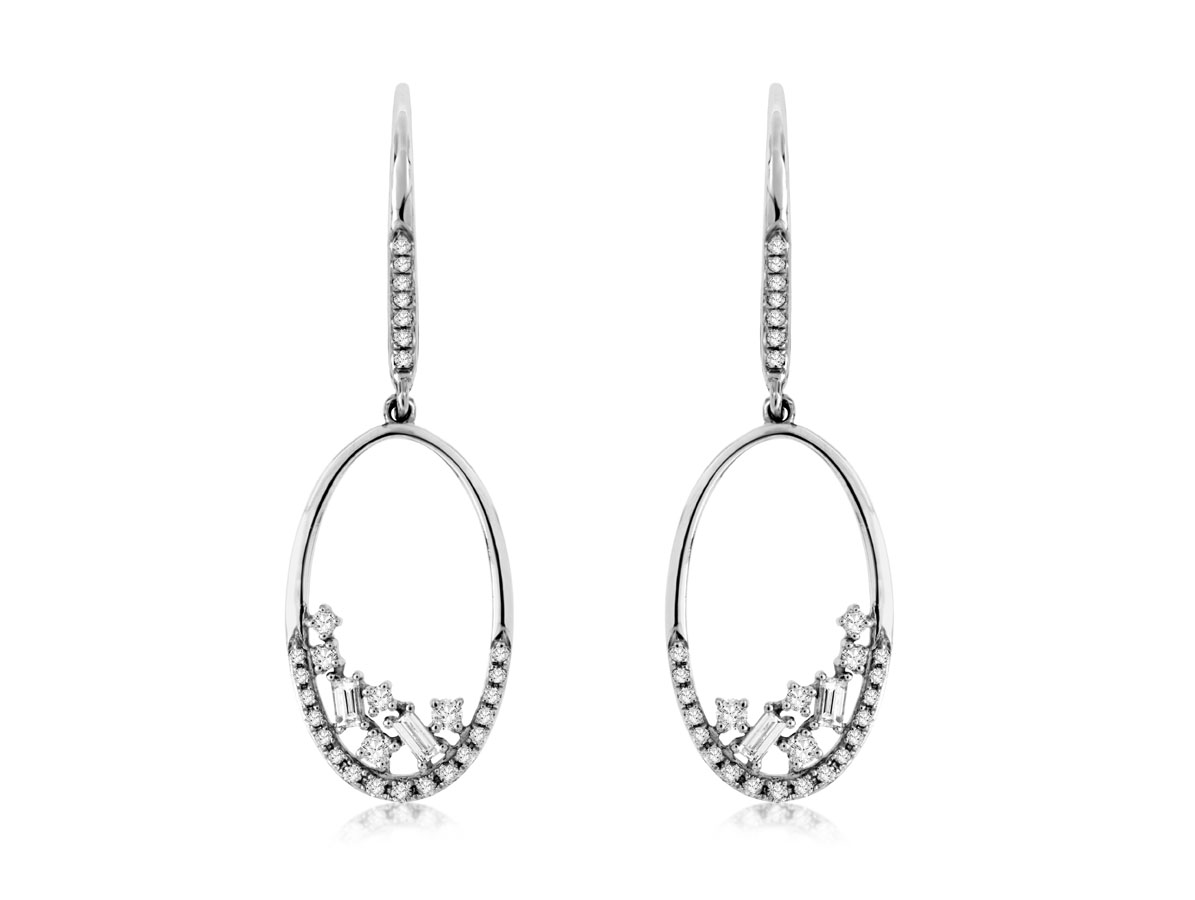 14K WHITE GOLD LEVERBACK OPEN OVAL DROP EARRINGS WITH .27CTTW ROUND AND .10CTTW BAGUETTE I1 CLARITY & HI COLOR DIAMONDS