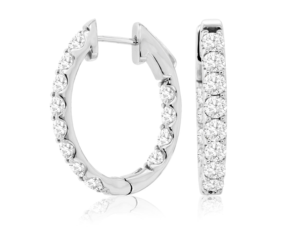 14K WHITE GOLD OVAL INSIDE/OUTSIDE HOOP EARRINGS SET WITH 3.00CTTW ROUND I1 CLARITY & HI COLOR DIAMONDS WITH LOCKING BACKS (26MM)