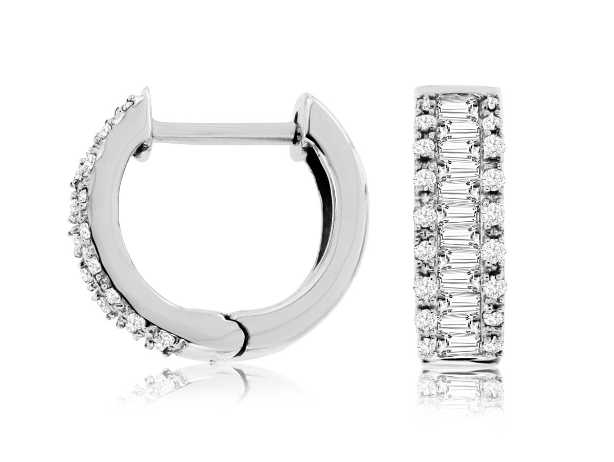 14K WHITE GOLD 12MM HOOP EARRINGS WITH .40CTTW ROUND AND BAGUETTE I1 CLARITY & HI COLOR DIAMONDS