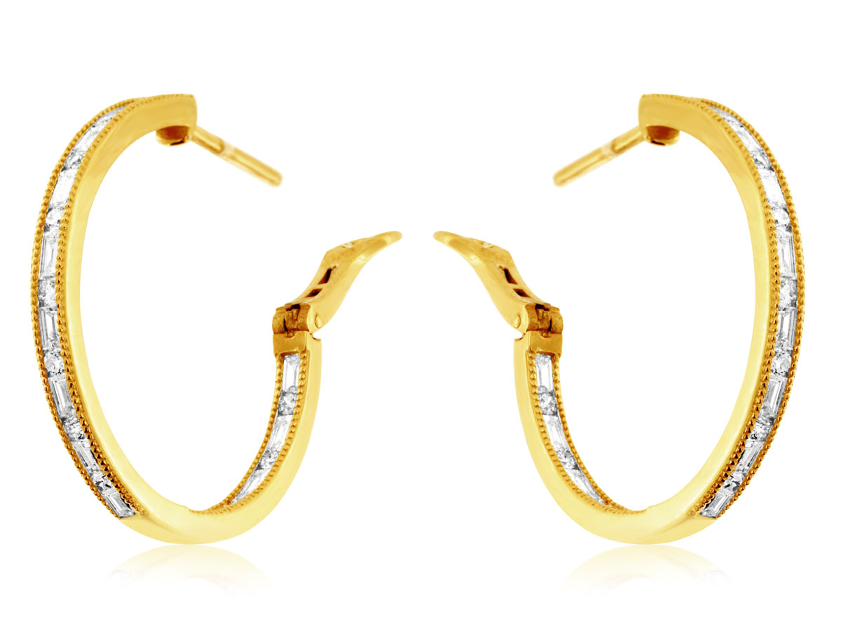 14K YELLOW GOLD LARGE INSIDE OUTSIDE HOOP EARRINGS WITH .35CTTW ROUND AND .83CTTW BAGUETTE I1 CLARITY & HI COLOR DIAMONDS SET IN THE MILGRAIN CHANNEL