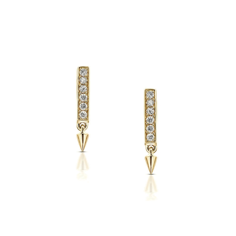 14K YELLOW GOLD DAINTY RETURN SANS EARRINGS WITH ARROWWITH .12CTTW ROUND SI CLARITY & GH COLOR DIAMONDS ON 14K ROSE GOLD POSTS
