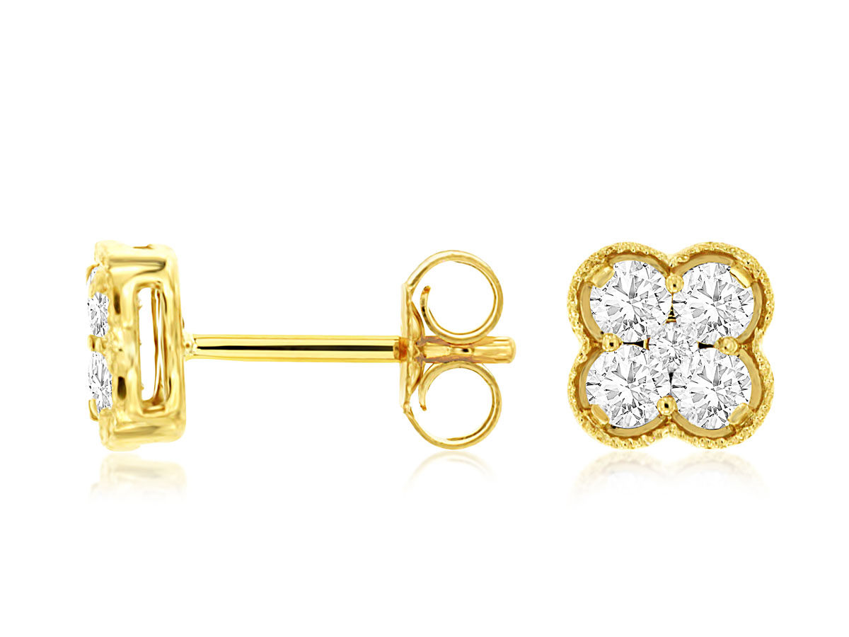 14K YELLOW GOLD CLOVER SHAPE POST EARRINGS WITH .50CTTW ROUND I1 CLARITY & HI COLOR DIAMONDS