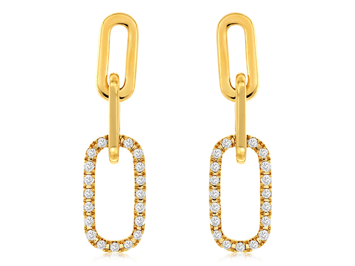14K YELLOW GOLD PAPERCLIP DROP EARRINGS WITH .20CTTW ROUND I1 CLARITY & HI COLOR DIAMONDS SET IN THE BOTTOM LINK
