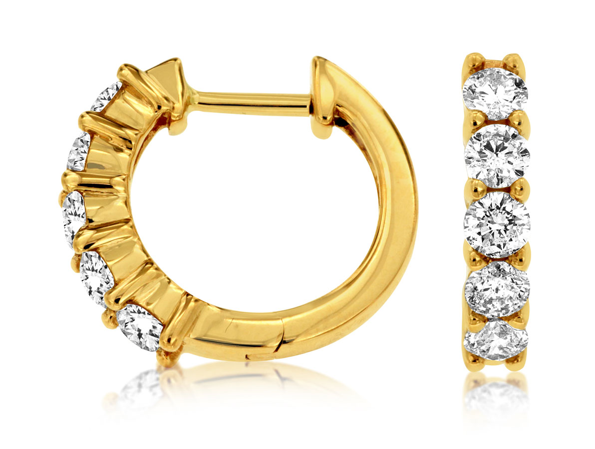 14K YELLOW GOLD SMALL HOOP EARRINGS WITH 1.0CTTW ROUND I1 CLARITY & HI COLOR DIAMONDS