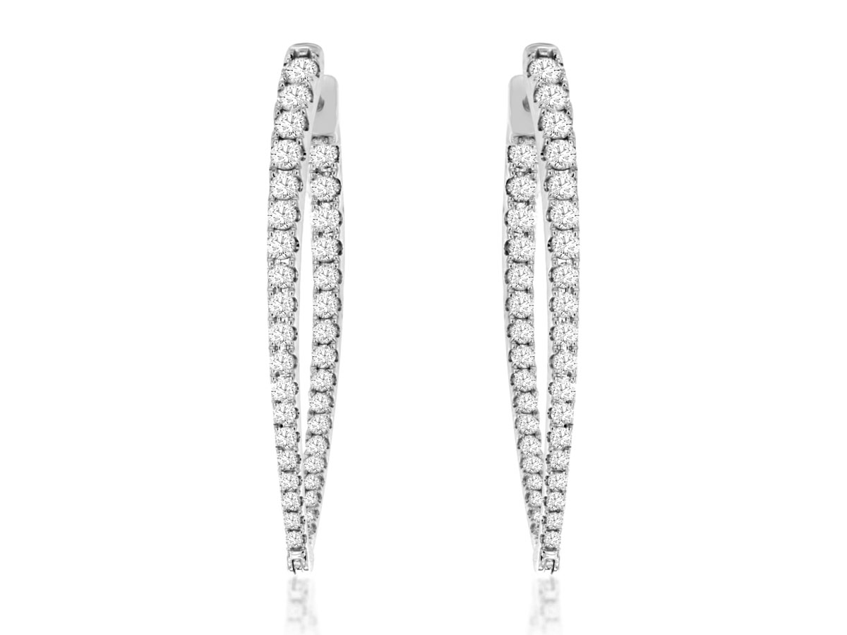 14K WHITE GOLD 40MM V HOOP EARRINGS WITH 2.10CTTW ROUND I1 CLARITY & HI COLOR DIAMONDS