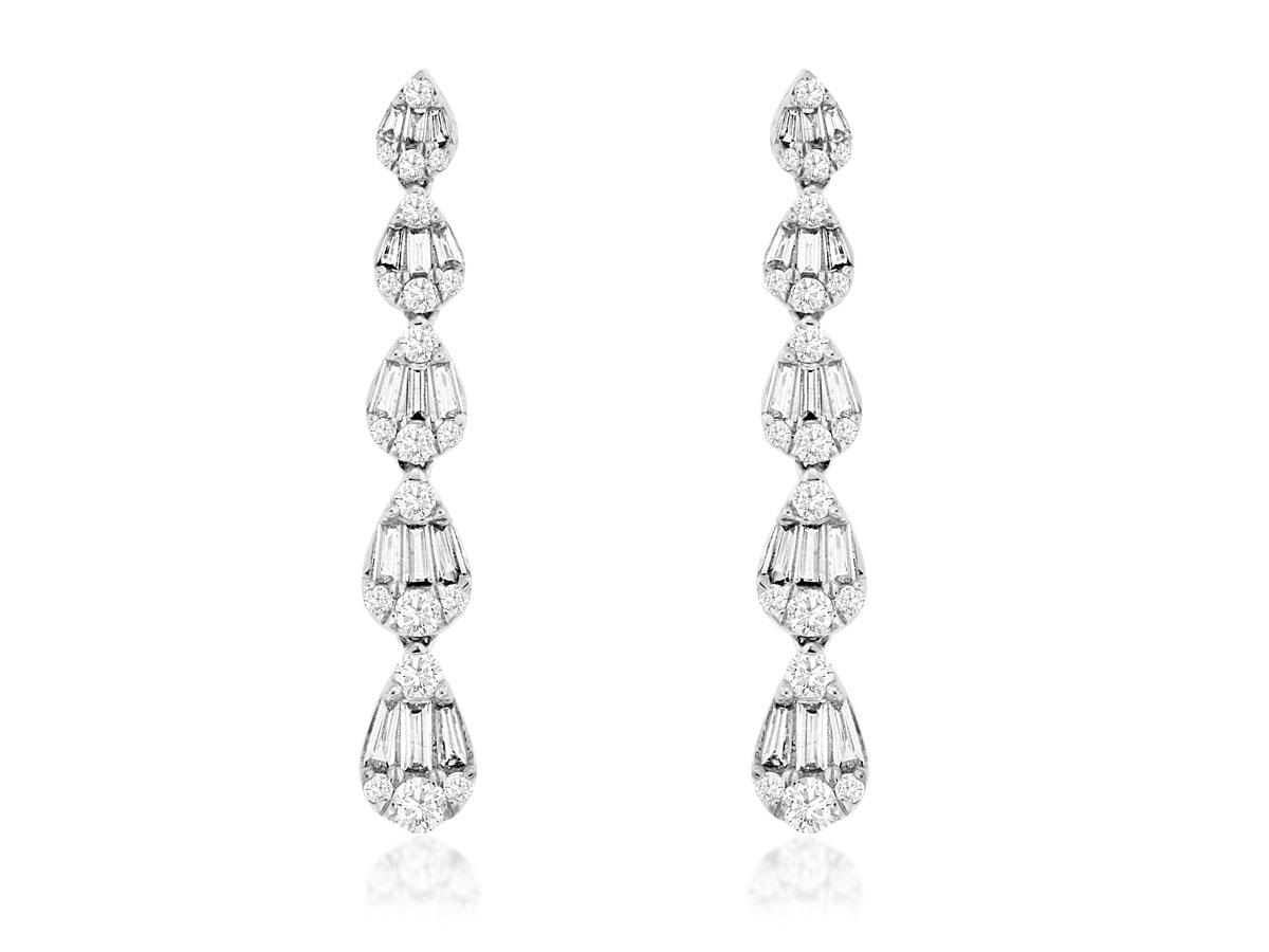14K WHITE GOLD DROP EARRINGS WITH 1.12CTTW ROUND AND BAGUETTE I1 CLARITY & HI COLOR DIAMONDS SET IN PEAR SHAPED TIERS