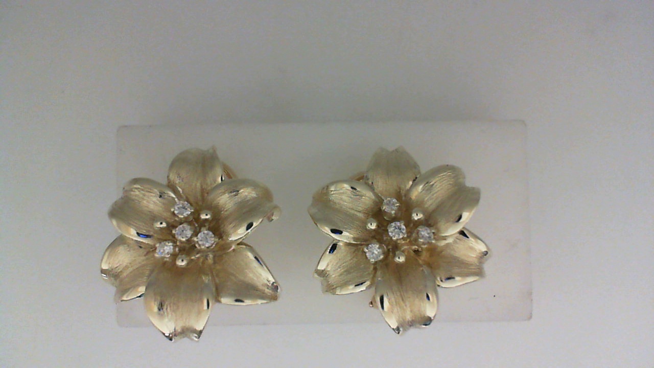 14K YELLOW GOLD OMEGA BACK SATIN FINISH FLOWER EARRINGS WITH .28CTTW ROUND SI CLARITY & G COLOR DIAMONDS