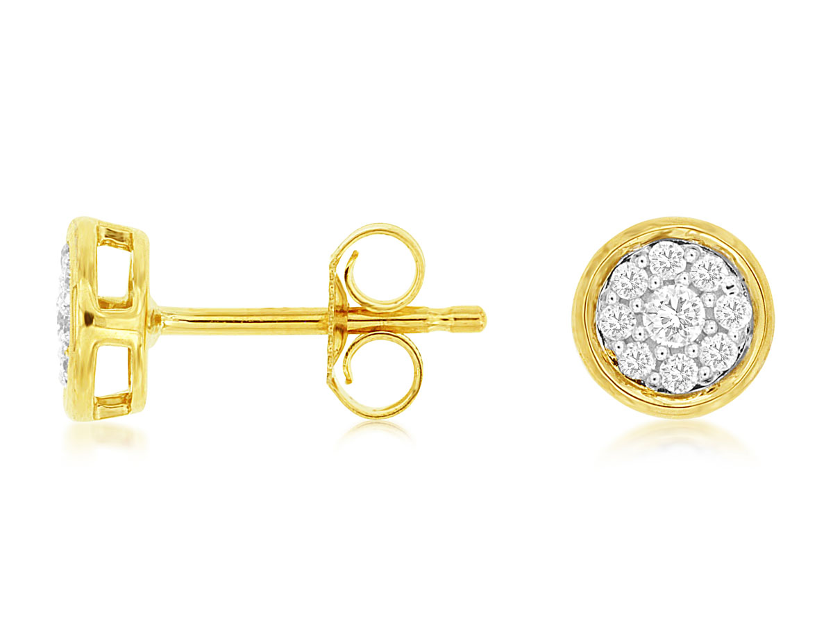 14K YELLOW GOLD ROUND CLUSTER STUD EARRINGS SET WITH .18CTTW ROUND I1 CLARITY & HI COLOR DIAMONDS