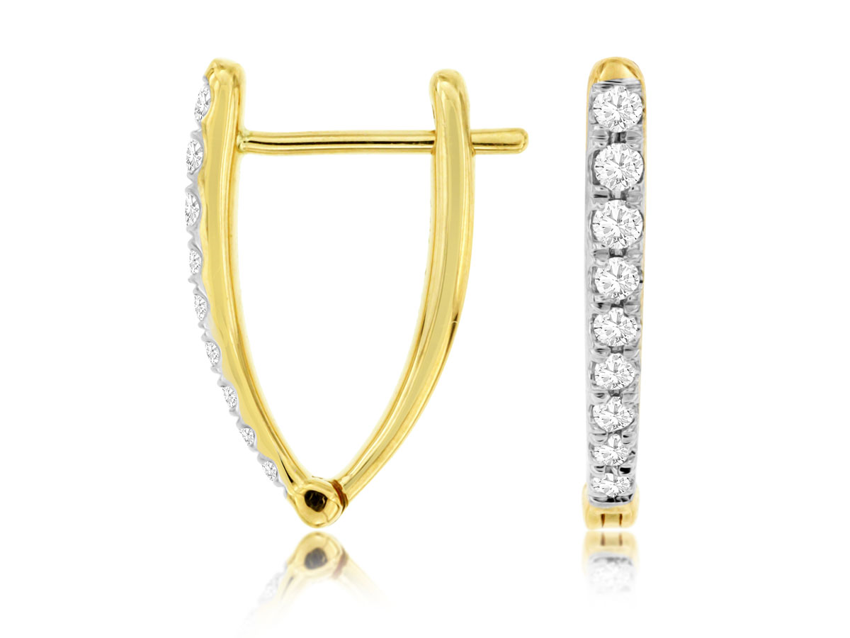14K YELLOW GOLD 16MM V HOOP EARRINGS WITH.20CTTW ROUND I1 CLARITY & HI COLOR DIAMONDS