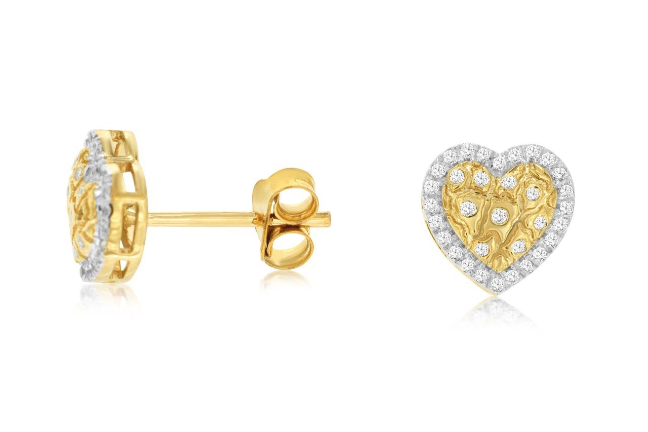 14K YELLOW GOLD TEXTURED HEART POST EARRINGS WITH .14CTTW ROUND I1 CLARITY & HI COLOR DIAMONDS
