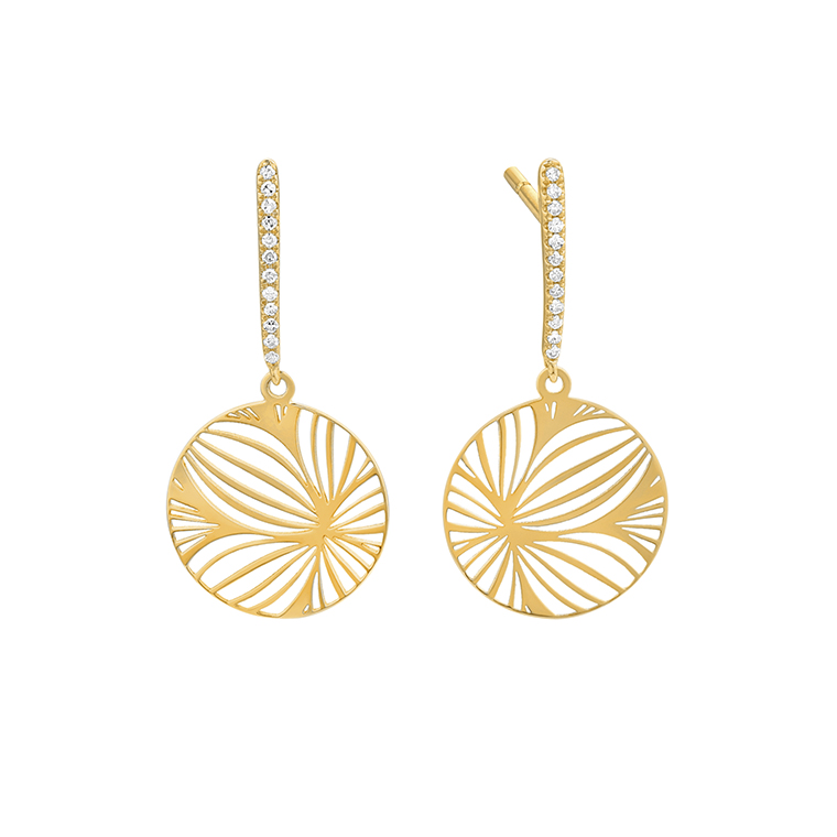 14K YELLOW GOLD LASER CUT ROUND DISC DROP EARRINGS WITH .07CTTW ROUND SI CLARITY & H COLOR DIAMONDS SET IN THE EDGE
