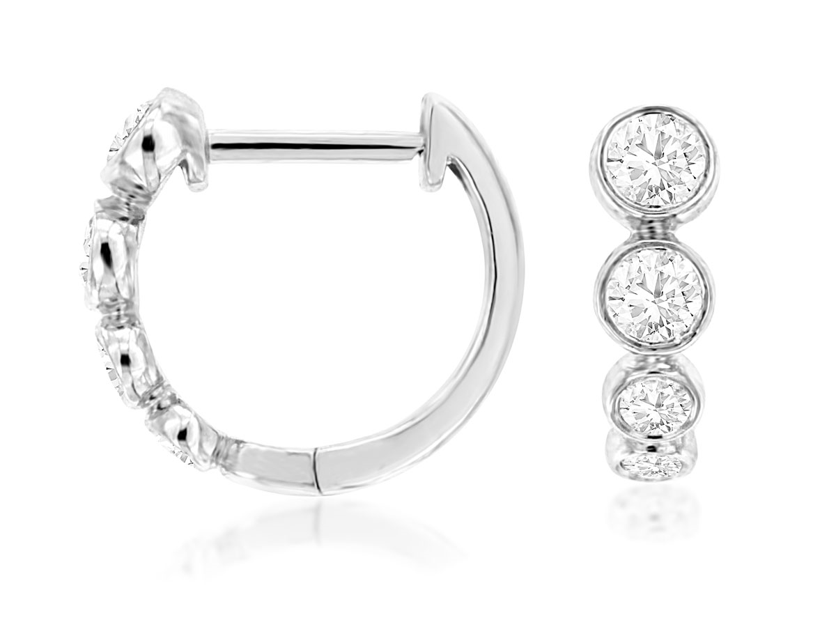 14K WHITE GOLD SMALL HOOP EARRINGS WITH .32CTTW ROUND I1 CLARITY & HI COLOR BEZEL SET DIAMONDS