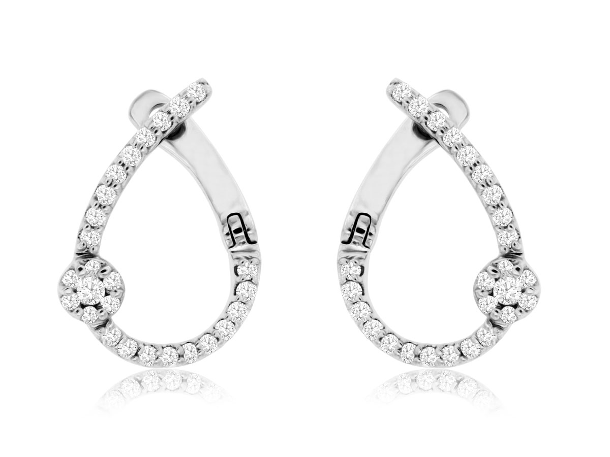 14K WHITE GOLD OPEN PEAR SHAPED HOOP EARRINGS WITH .22CTTW ROUND I1 CLARITY & HI COLOR DIAMONDS