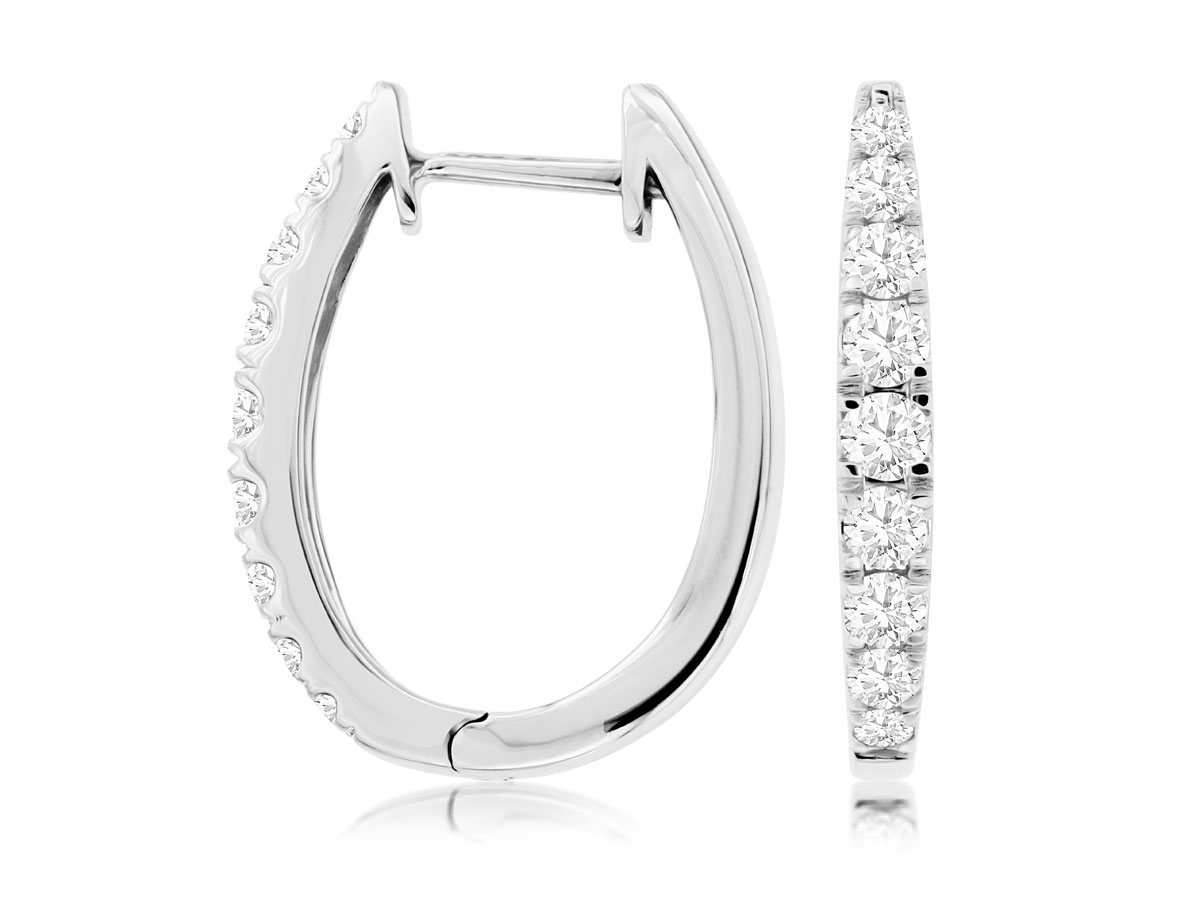 14K WHITE GOLD OVAL HOOP EARRINGS WITH 1.00CTTW ROUND I1 CLARITY & HI COLOR DIAMONDS
