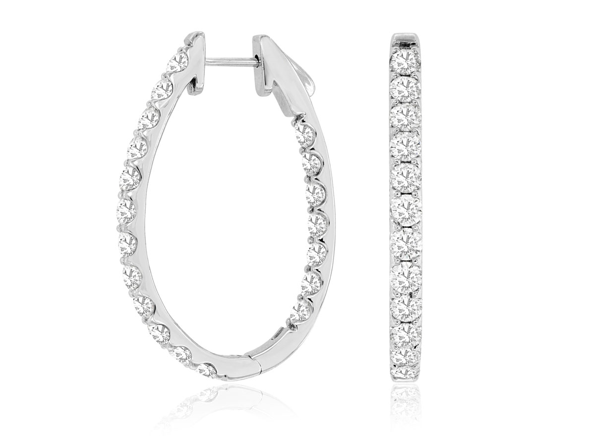 14K WHITE GOLD OVAL INSIDE OUTSIDE HOOP EARRINGS WITH 5.0CTTW ROUND I1 CLARITY & HI COLOR DIAMONDS WITH LOCKING POSTS