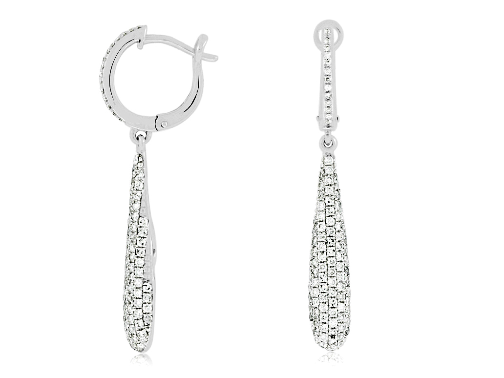 14K WHITE GOLD PEAR SHAPED DROP LEVERBACK EARRINGS WITH 1.20CTTW ROUND I1 CLARITY & HI COLOR DIAMONDS