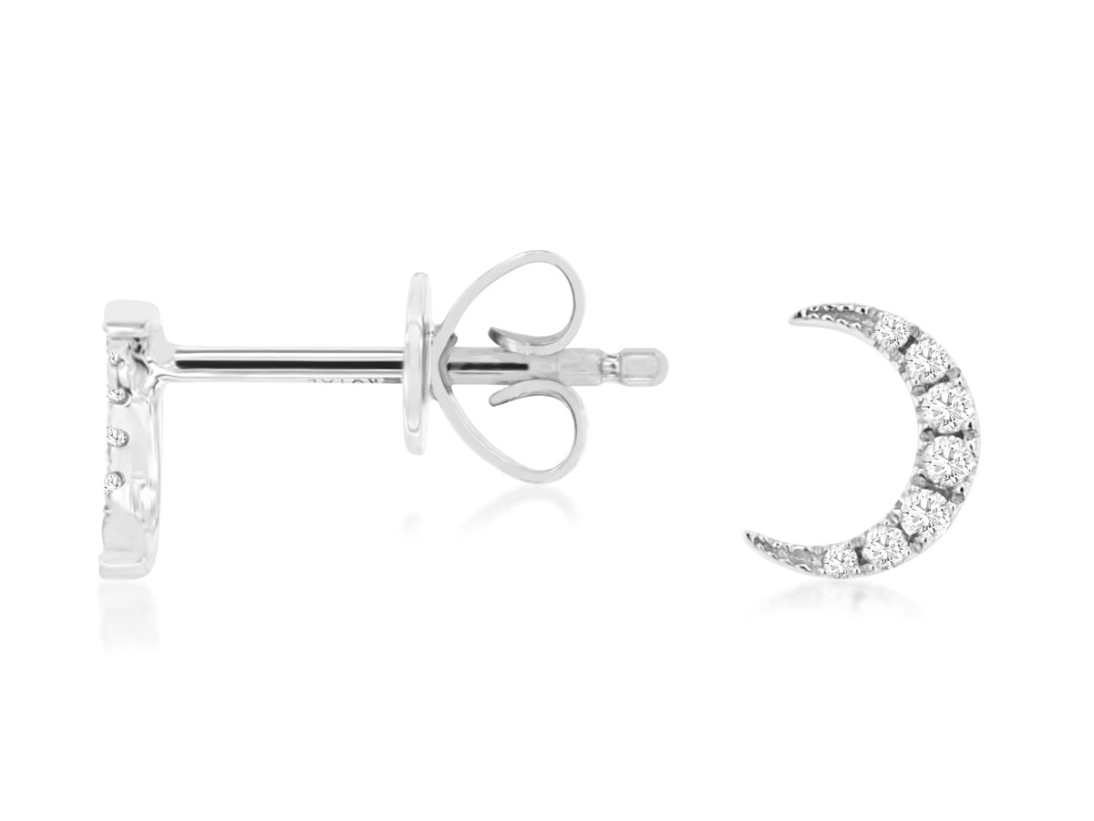 14K WHITE GOLD CRESENT MOON POST EARRINGS WITH .06CTTW ROUND I1 CLARITY & HI COLOR DIAMONDS