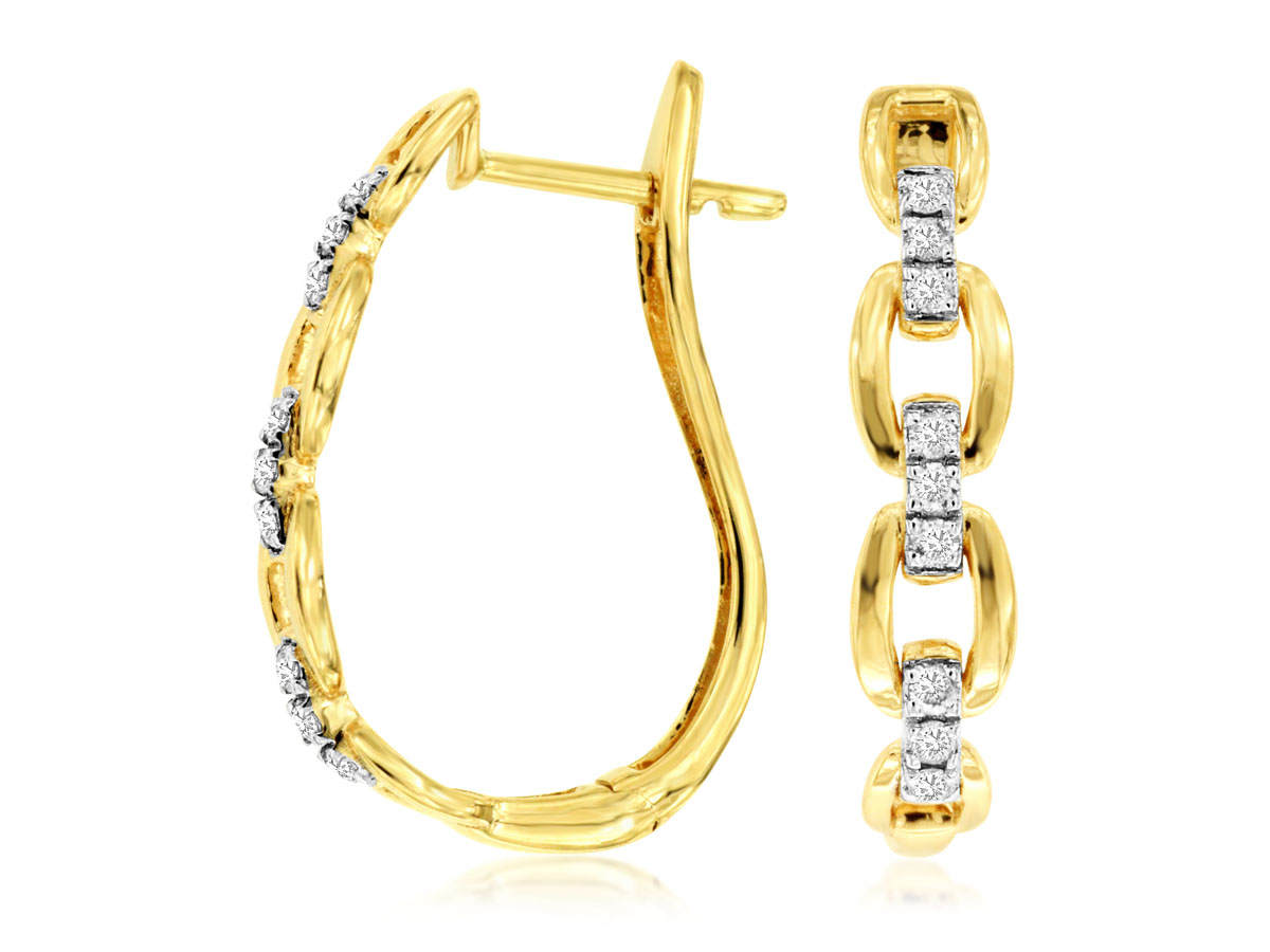 14K YELLOW GOLD PAPERCLIP HOOP EARRINGS WITH .20CTTW ROUND I1 CLARITY & HI COLOR DIAMONDS