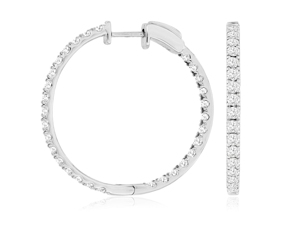 14K WHITE GOLD INSIDE OUTSIDE 2.00CTTW ROUND DIAMOND HOOP EARRINGS WITH LOCKING POSTS