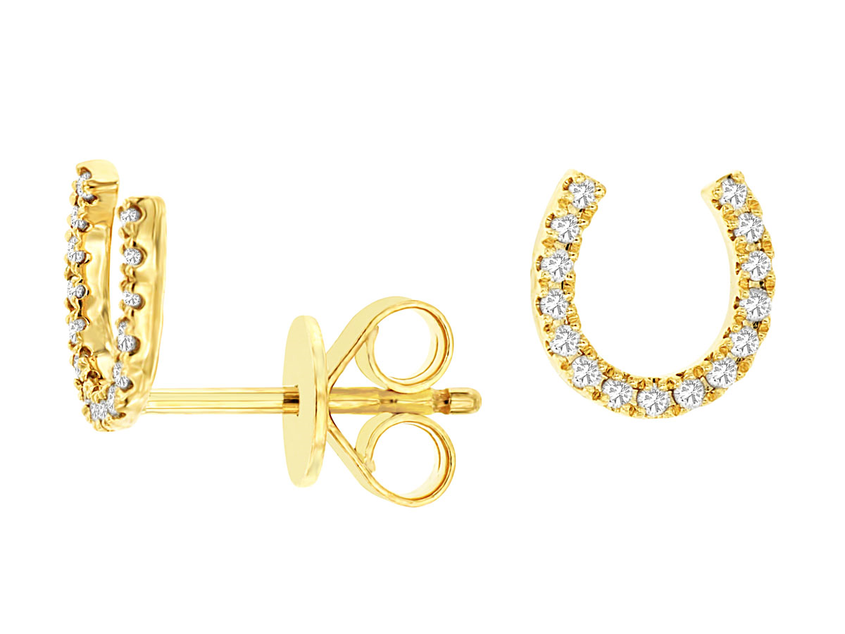 14K YELLOW GOLD HORSESHOE POST EARRINGS WITH .15CTTW ROUND I1 CLARITY & HI COLOR DIAMONDS