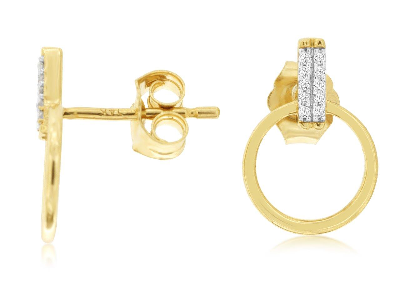 14K YELLOW GOLD CIRCLE POST EARRINGS WITH .05CTTW ROUND I1 CLARITY & HI COLOR DIAMONDS SET IN THE DOUBLE BAR TOP