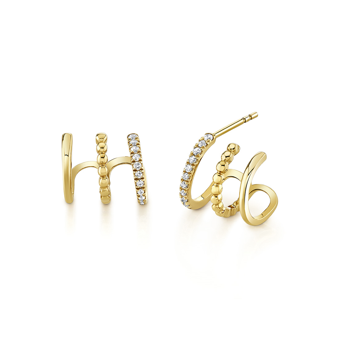 14K YELLOW GOLD TRIPLE ROW CUFF EARRINGS WITH .11CTTW ROUND SI CLARITY & GH COLOR DIAMONDS, BEADED ROW AND POLISHED ROW