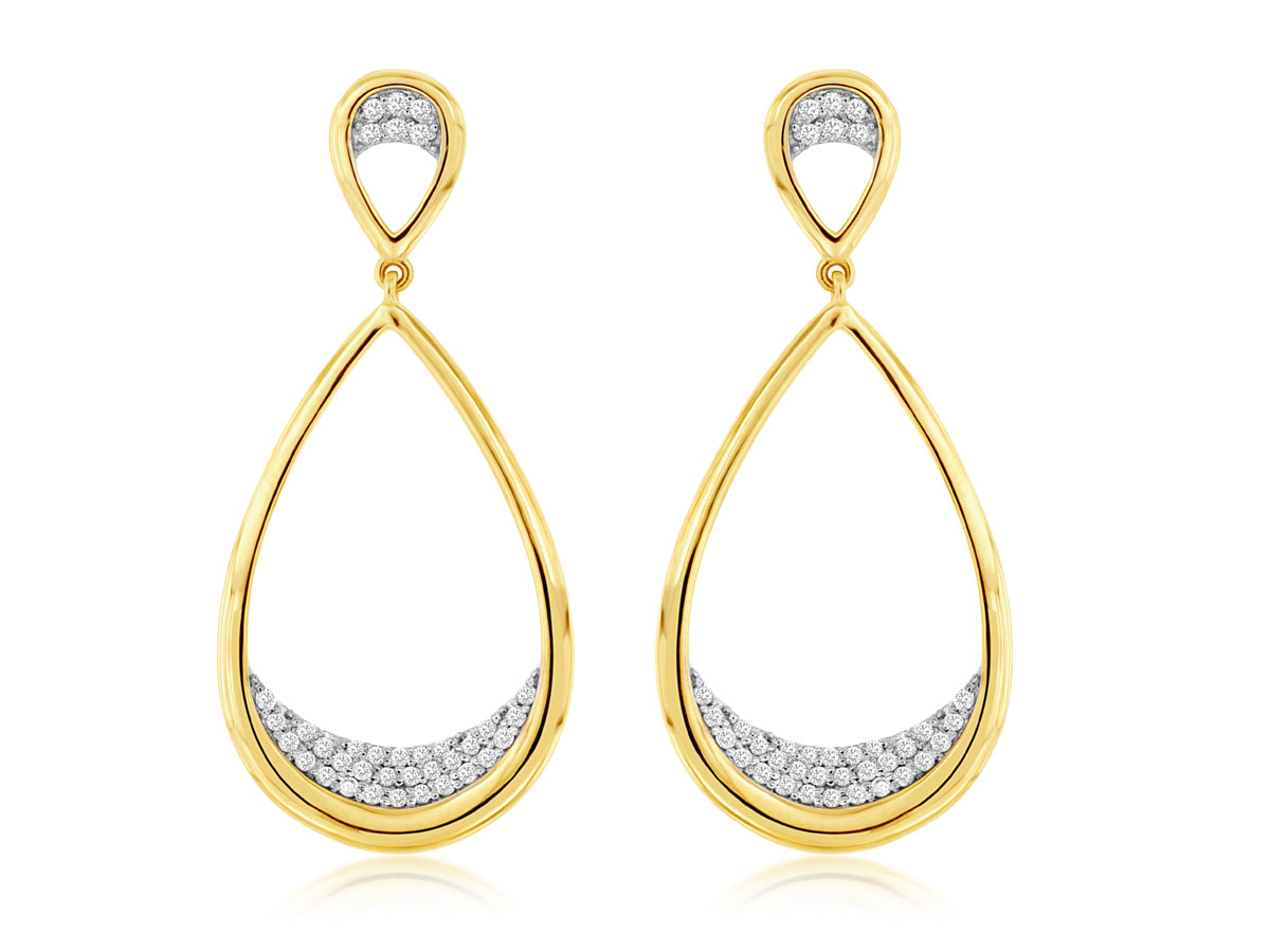 14K YELLOW GOLD OPEN PEAR SHAPED DROP EARRINGS SET WITH .28CTTW ROUND I1 CLARITY & HI COLOR DIAMONDS