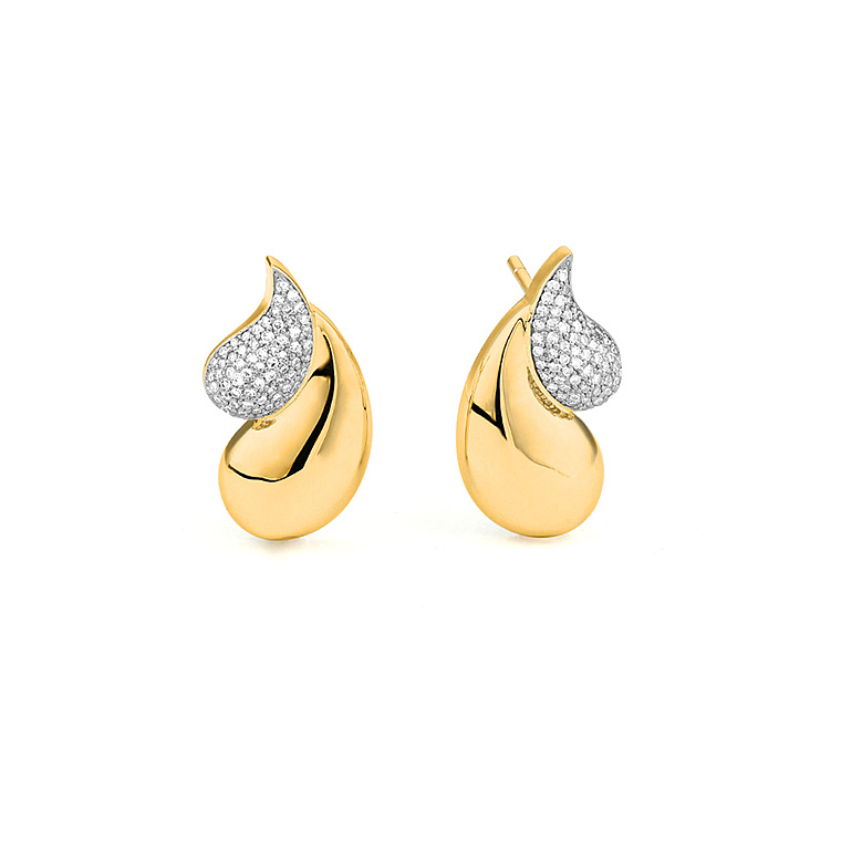 14K YELLOW GOLD POST EARRINGS WITH POLISHED TEARDROP AND .38CTTW ROUND SI CLARITY & GH COLOR SET IN THE TOP SWIRL