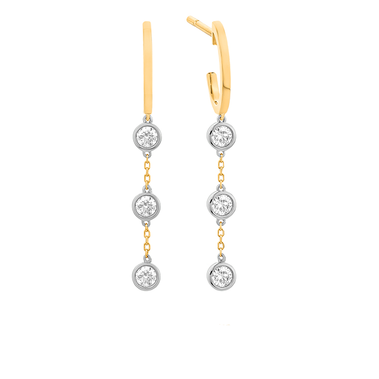 14K YELLOW GOLD HOOP TOP EARRINGS WITH TRIPLE BEZEL SET DROP EARRINGS WITH .48CTTW ROUND SI CLARITY & GH COLOR DIAMONDS