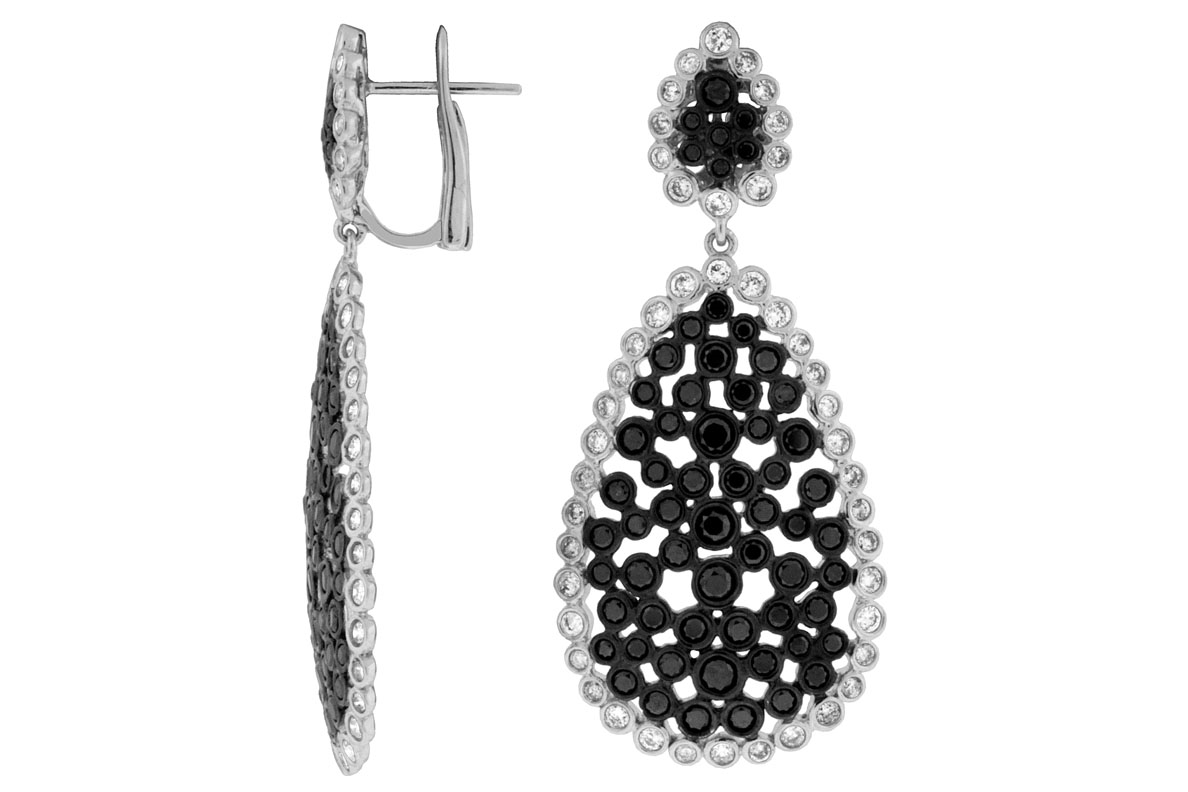 14K WHITE GOLD OMEGABACK DROP EARRINGS WITH 1.60CTTW BEZEL SET ROUND I1 CLARITY & HI COLOR DIAONDS SET IN THE EDGE WITH 3.20CTTW ROUND BEZEL SET BLACK DIAMONDS