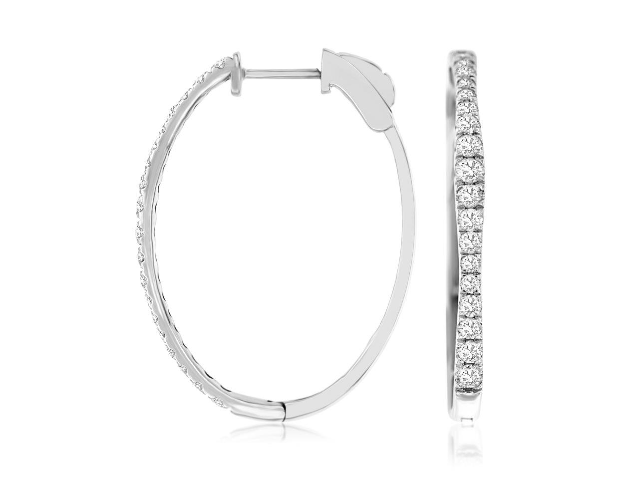 14K WHITE GOLD OVAL HOOP EARRINGS WITH 1.0CTTW ROUND I1 CLARITY & HI COLOR DIAMOND SET ON THE FRONT WITH LOCKING POSTS