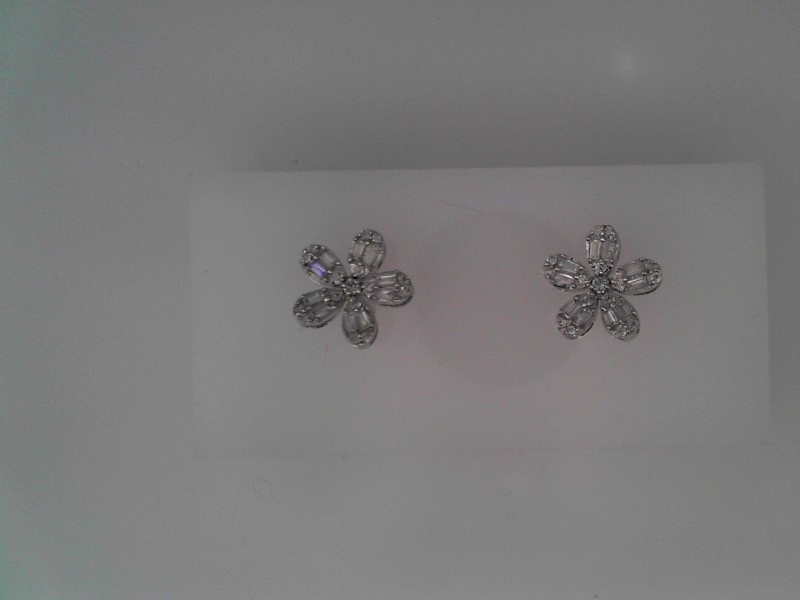14K WHITE GOLD FLORAL POST EARRINGS WITH .25CTTW ROUND AND BAGUETTE I1 CLARITY & HI COLOR DIAMONDS