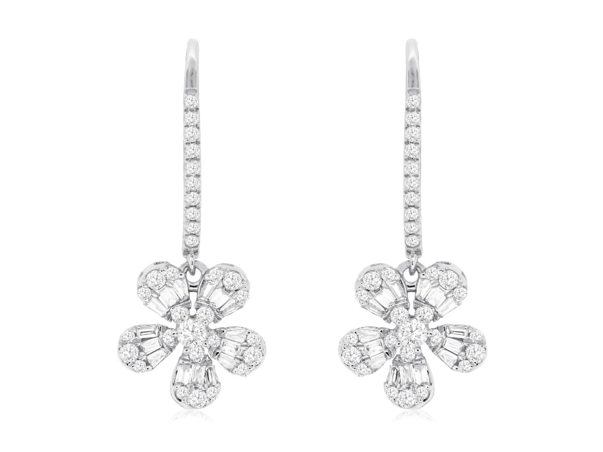 14K WHITE GOLD FLORAL DROP LEVERBACK EARRINGS WITH .72CTTW ROUND AND BAGUETTE DIAMONDS