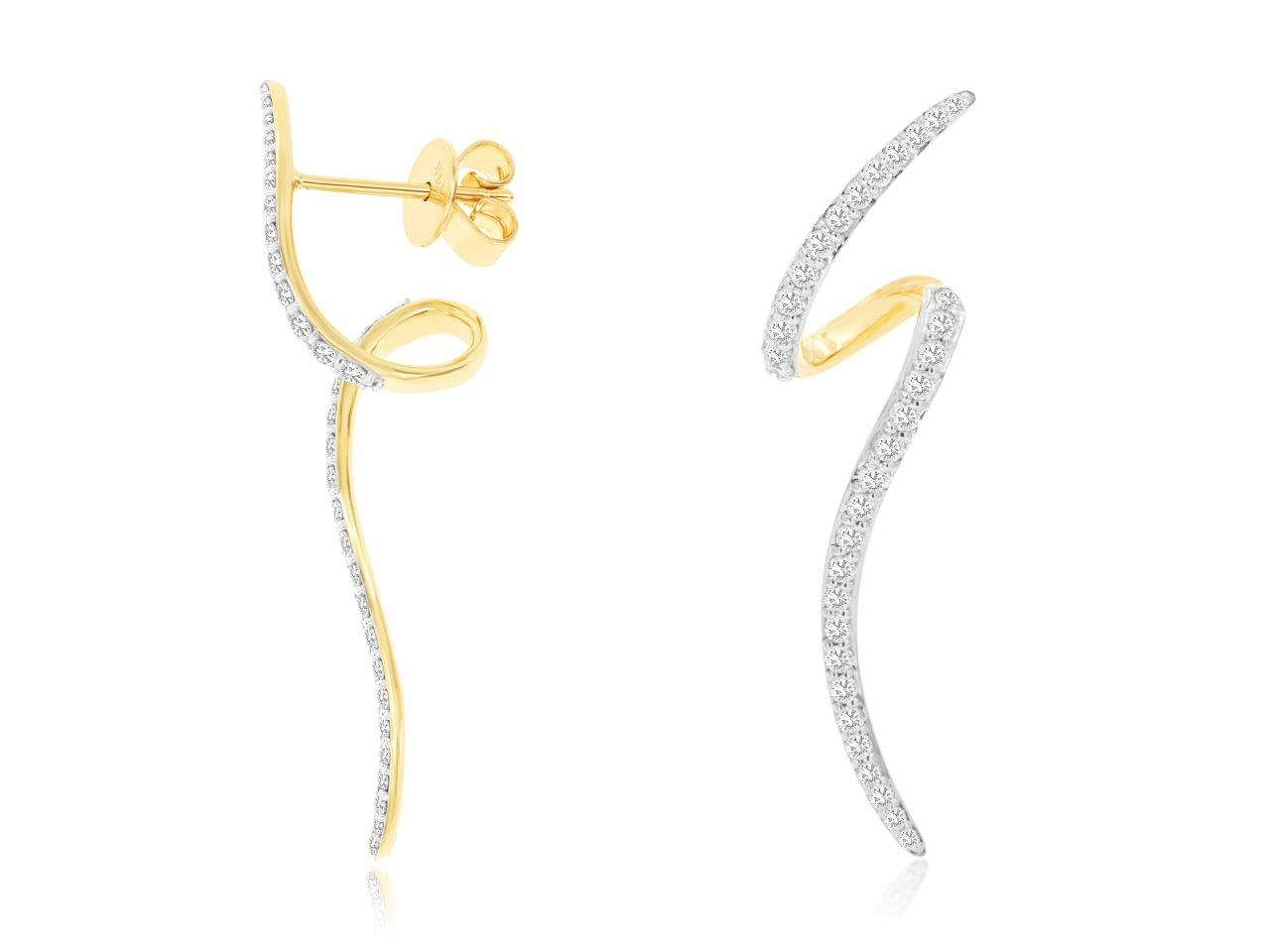 14K YELLOW GOLD SQIGGLE POST EARRINGS WITH .58CTTW ROUND I1 CLARITY & HI COLOR DIAMONDS