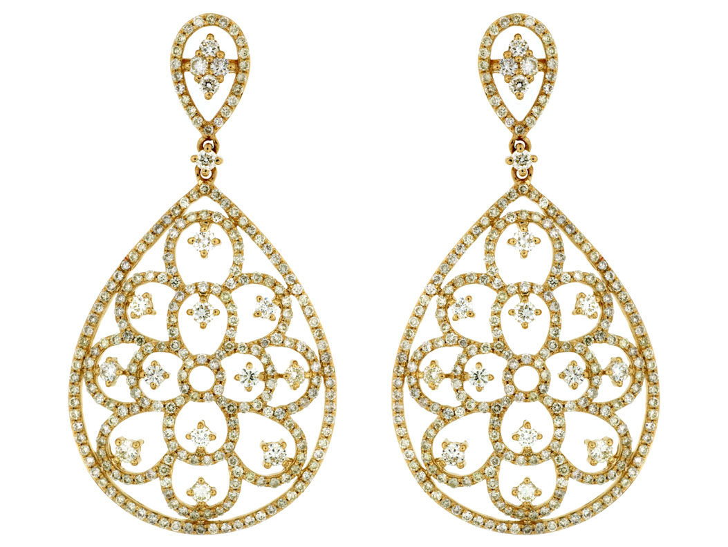 14K YELLOW GOLD OPEN FLORAL DESIGN POST EARRINGS WITH 2.75CTTW ROUND I1 CLARITY & HI COLOR DIAMONDS