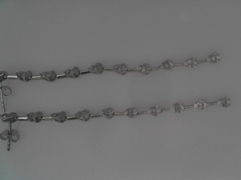 14K WHITE GOLD LONG DROP POST EARRINGS WITH 1.06CTTW ROUND AND BAGUETTE I1 CLARITY & HI COLOR DIAMONDS