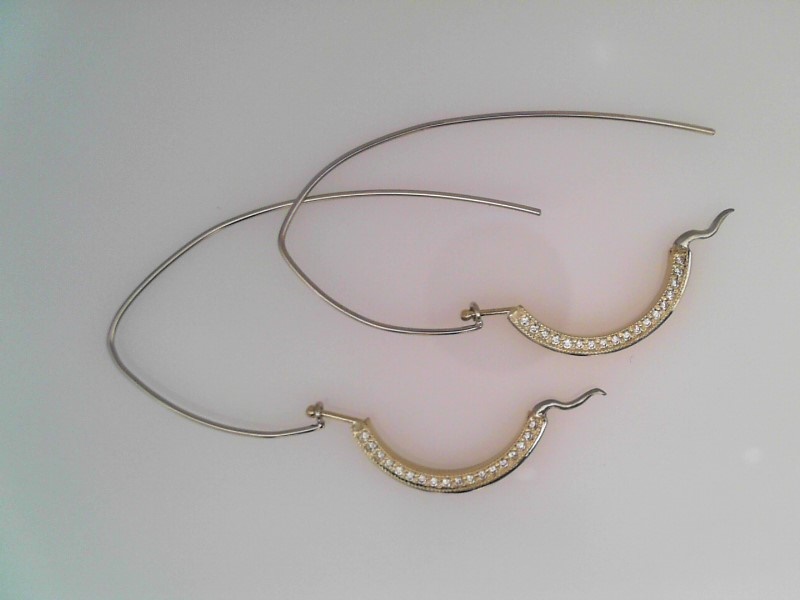 CUSTOM MADE 18K YELLOW GOLD WHITE AND YELLOW GOLD CURVED DROPS WITH .55CTTW ROUND VS CLARITY & G COLOR DIAMONDS SET ON TWO SIDES WITH AN 18K WHITE GOLD BAND DOWN THE CENTER ON 14K WHITE GOLD LONG DROP EAR WIRES