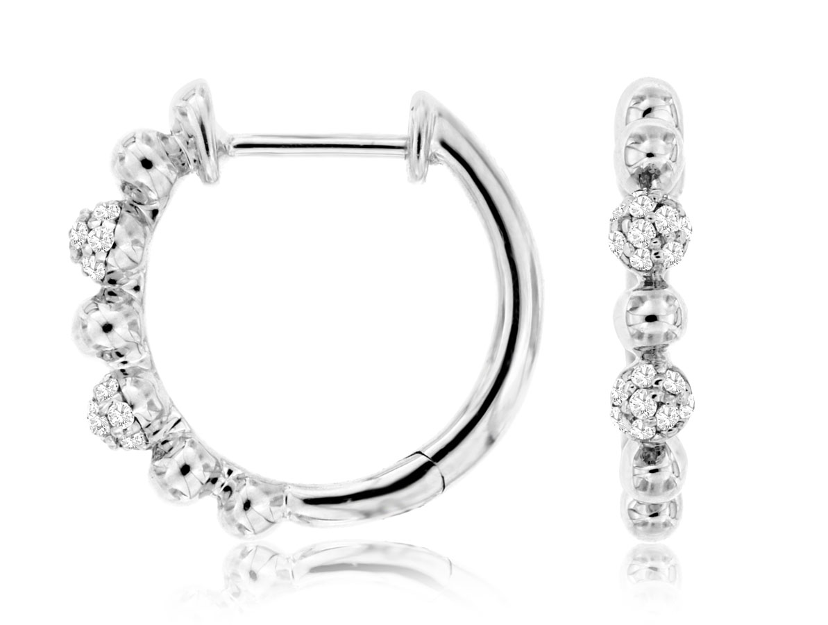 14K WHITE GOLD 15MM HOOP EARRINGS WITH POLISHED BEADS AND .11CTTW ROUND I1 CLARITY & HI COLOR DIAMONDS