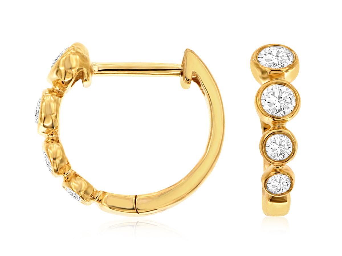 14K YELLOW GOLD SMALL HOOP (11MM) EARRINGS WITH .32CTTW ROUND I1 CLARITY & HI COLOR BEZEL SET DIAMONDS