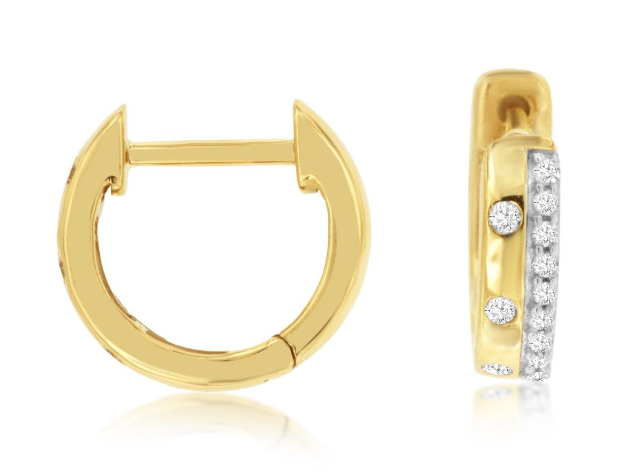 14K YELLOW GOLD SMALL POLISHED HOOPS WITH .14CTTW ROUND I1 CLARITY & HI COLOR DIAMONDS SET IN THE HOOP AND ON THE SIDE