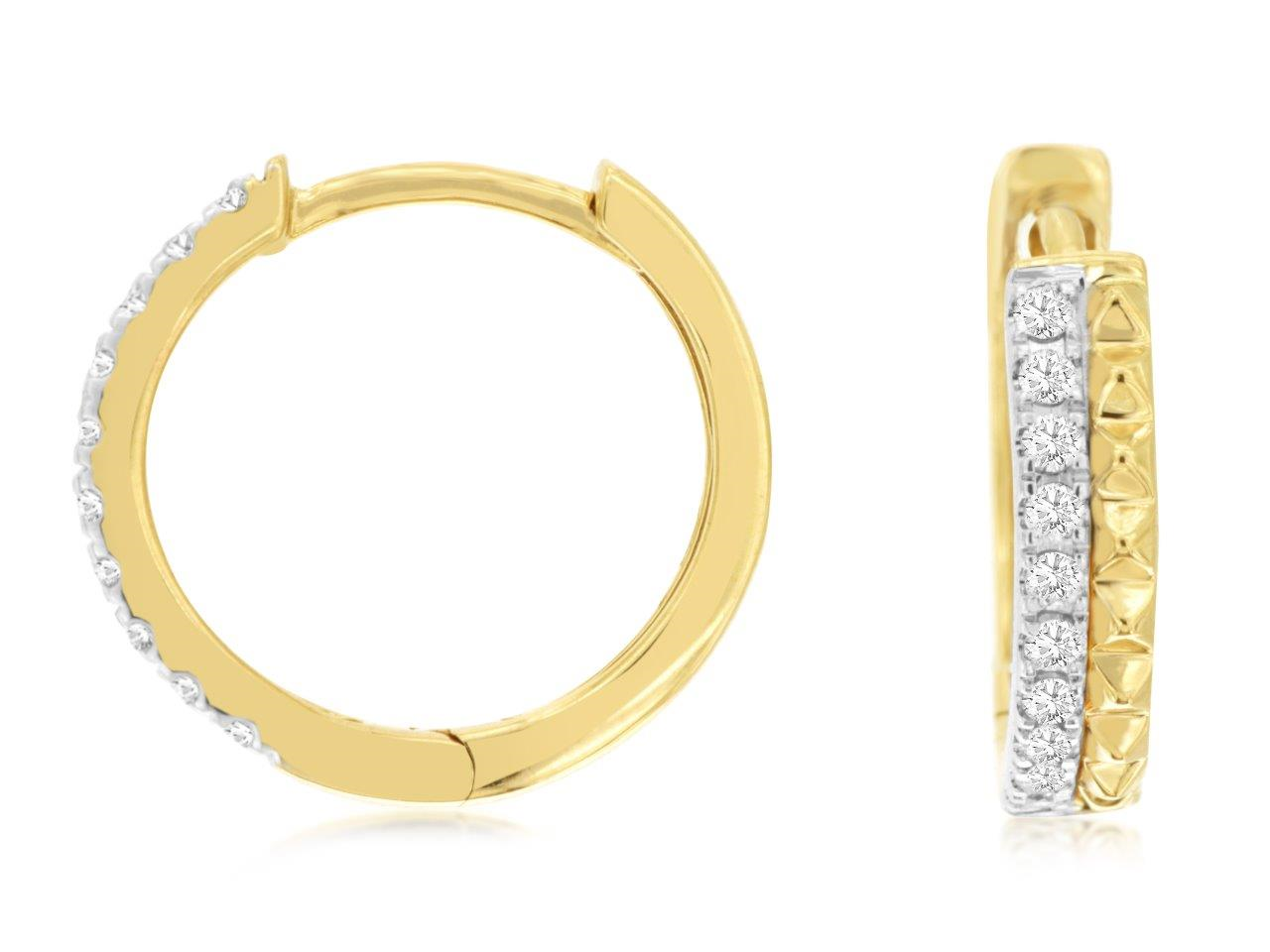 14K YELLOW GOLD HOOP EARRINGS WITH .20CTTW ROUND I1 CLARITY & HI COLOR DIAMONDS AND A TEXTURED ROW OF GOLD