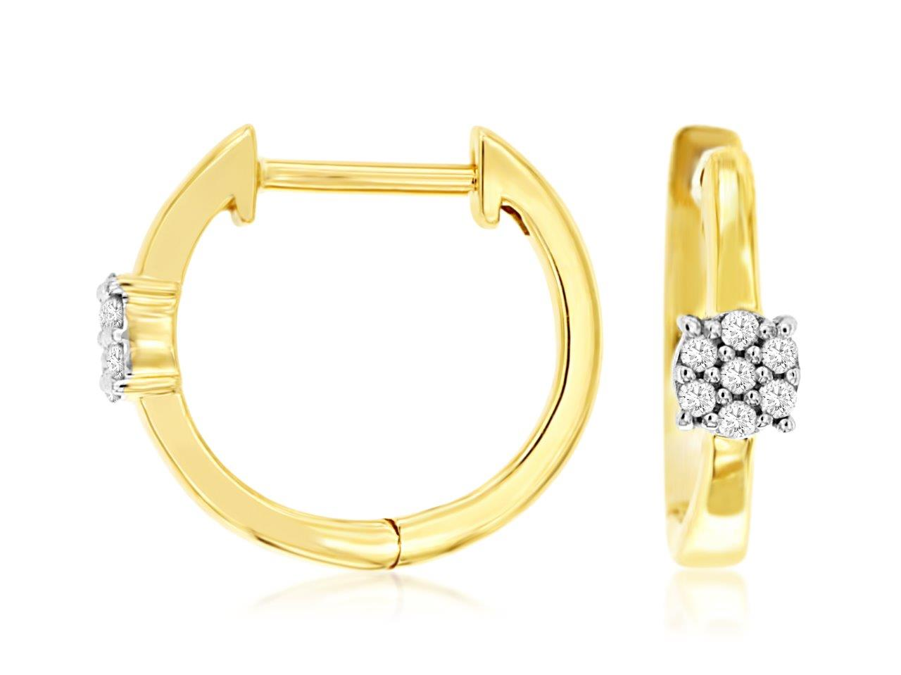14K YELLOW GOLD SMALL HOOP EARRING WITH A.07CTTW ROUND I1 CLARITY & HI COLOR DIAMONDS SET IN A CLUSTER ON THE FRONT OF THE HOOP