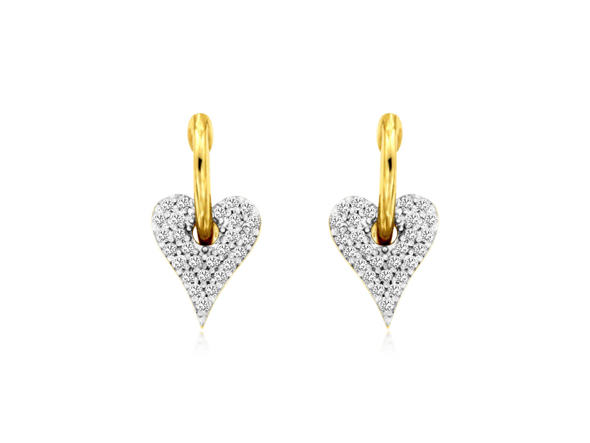 14K YELLOW GOLD SMALL HOOP EARRINGS WITH HEART CHARMS SET WITH .23CTTW ROUND I1 CLARITY & HI COLOR DIAMONDS