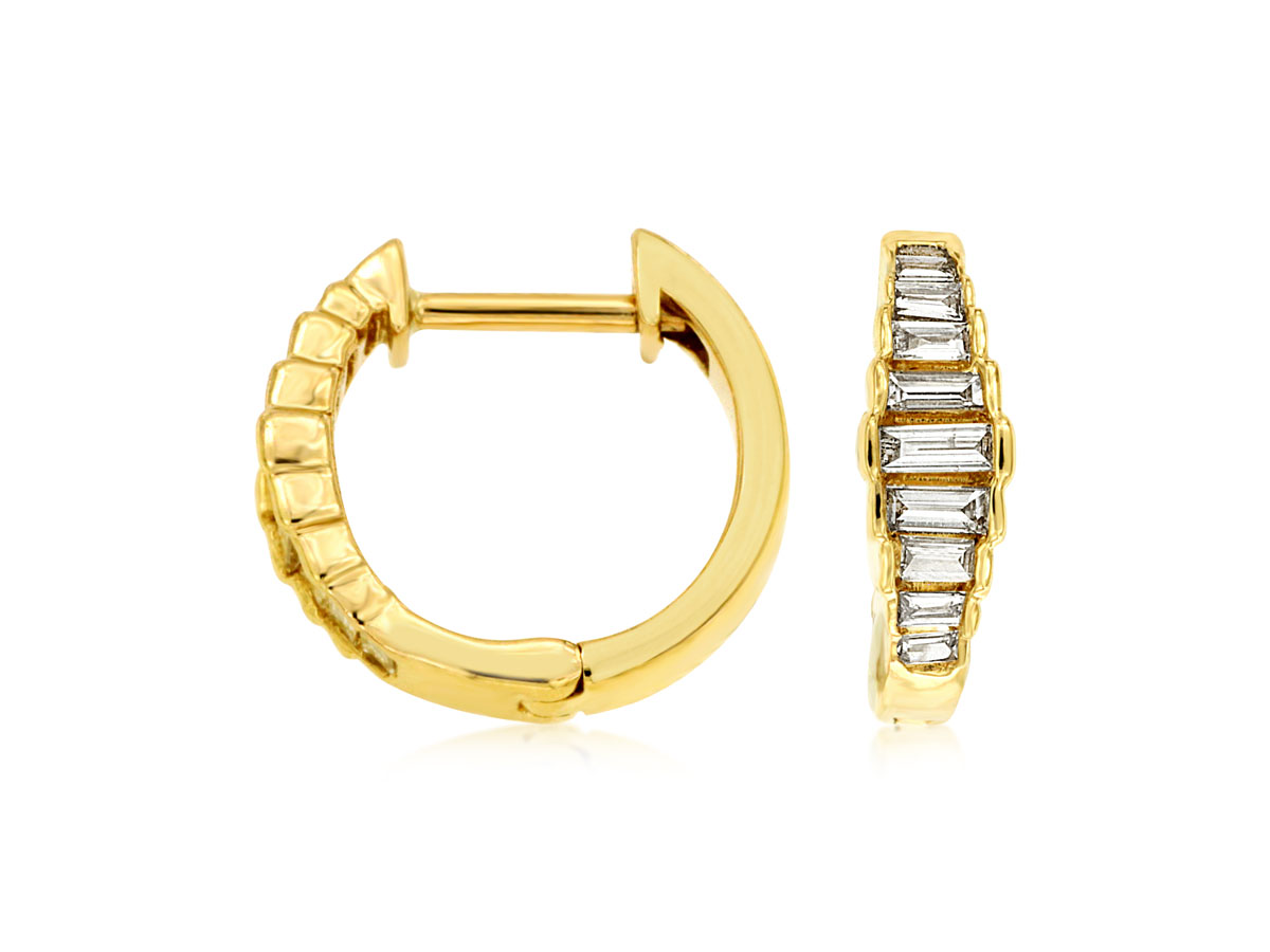 14K YELLOW GOLD HOOP EARRINGS WITH .23CTTW I1 CLARITY & H COLOR BAGUETTE DIAMONDS SET IN THE FRONT