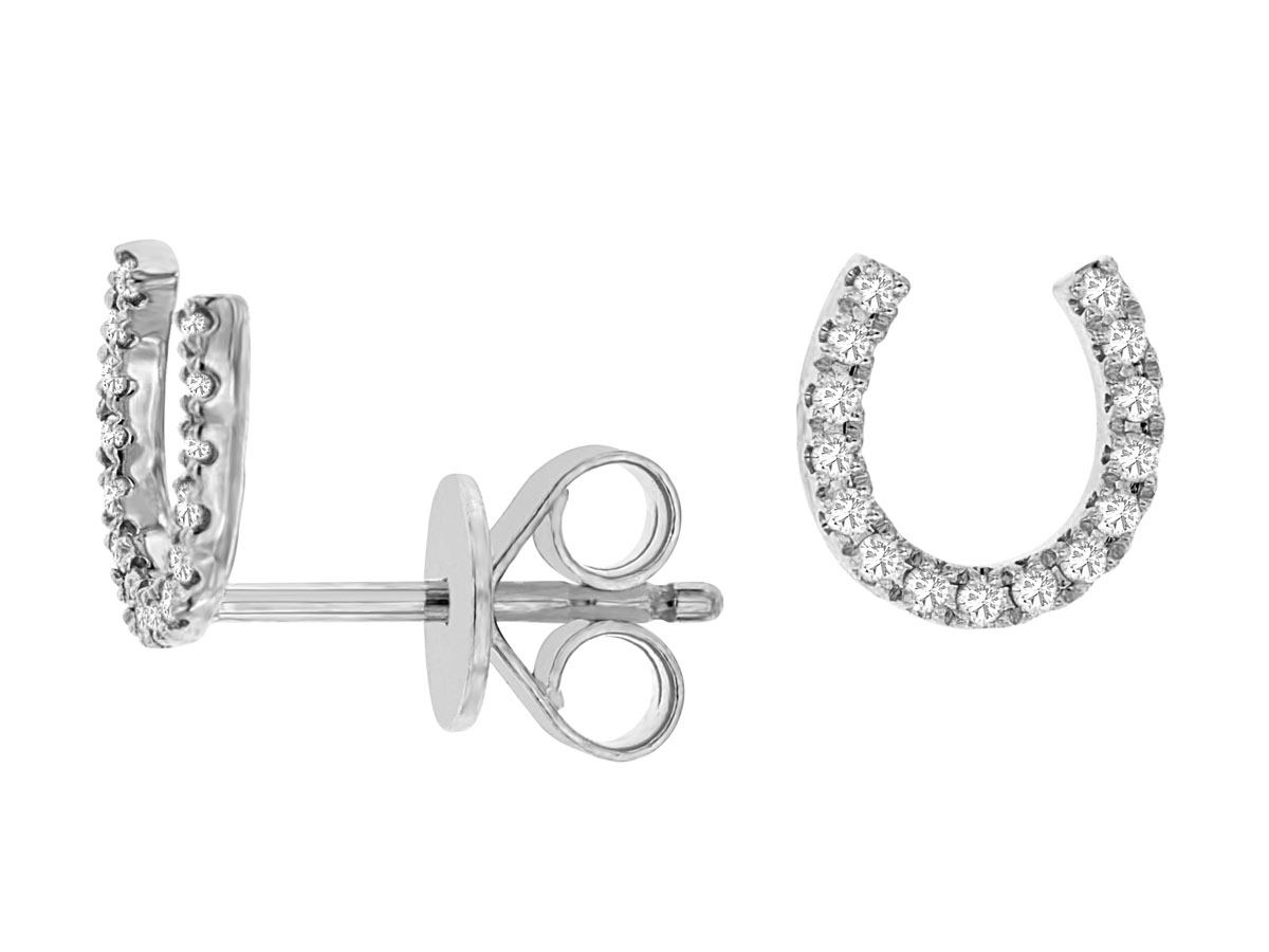 14K WHITE GOLD HORSESHOE POST EARRINGS WITH .15CTTW ROUND I1 CLARITY & HI COLOR DIAMONDS