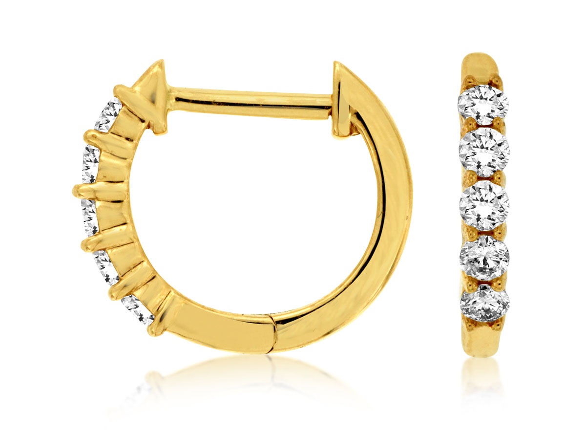 14K YELLOW GOLD LITTLE HOOP EARRINGS WITH .25CTTW ROUND DIAMONDS
