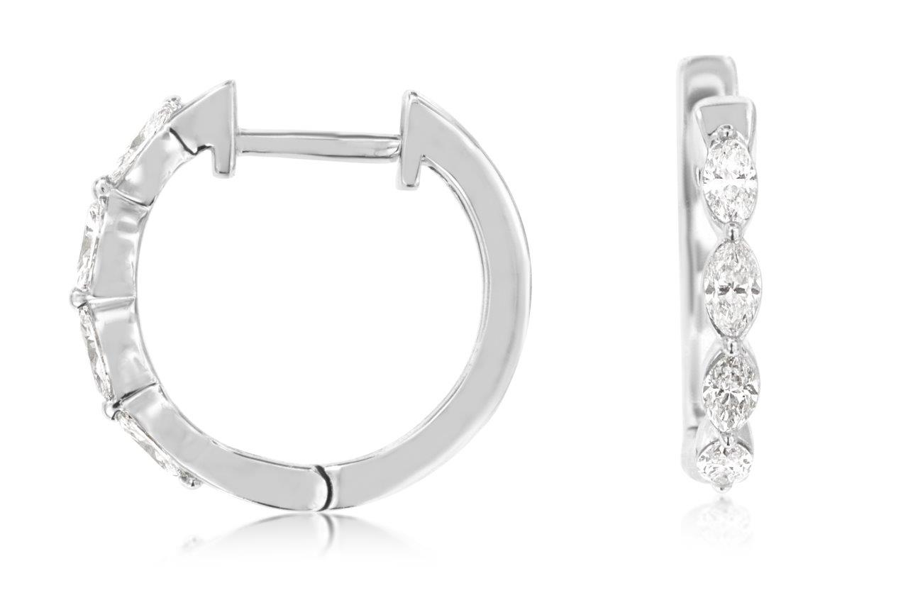 14K WHITE GOLD SMALL HOOP EARRINGS SET WITH .45CTTW I1 CLARITY & HI COLOR MARQUISE DIAMONDS