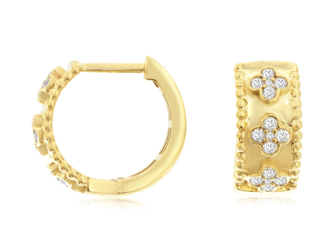 14K YELLOW GOLD SMALL HUGGIE HOOP EARRINGS WITH .25CTTW ROUND I1 CLARITY & HI COLOR DIAMONDS SET IN A CLOVER STYLE